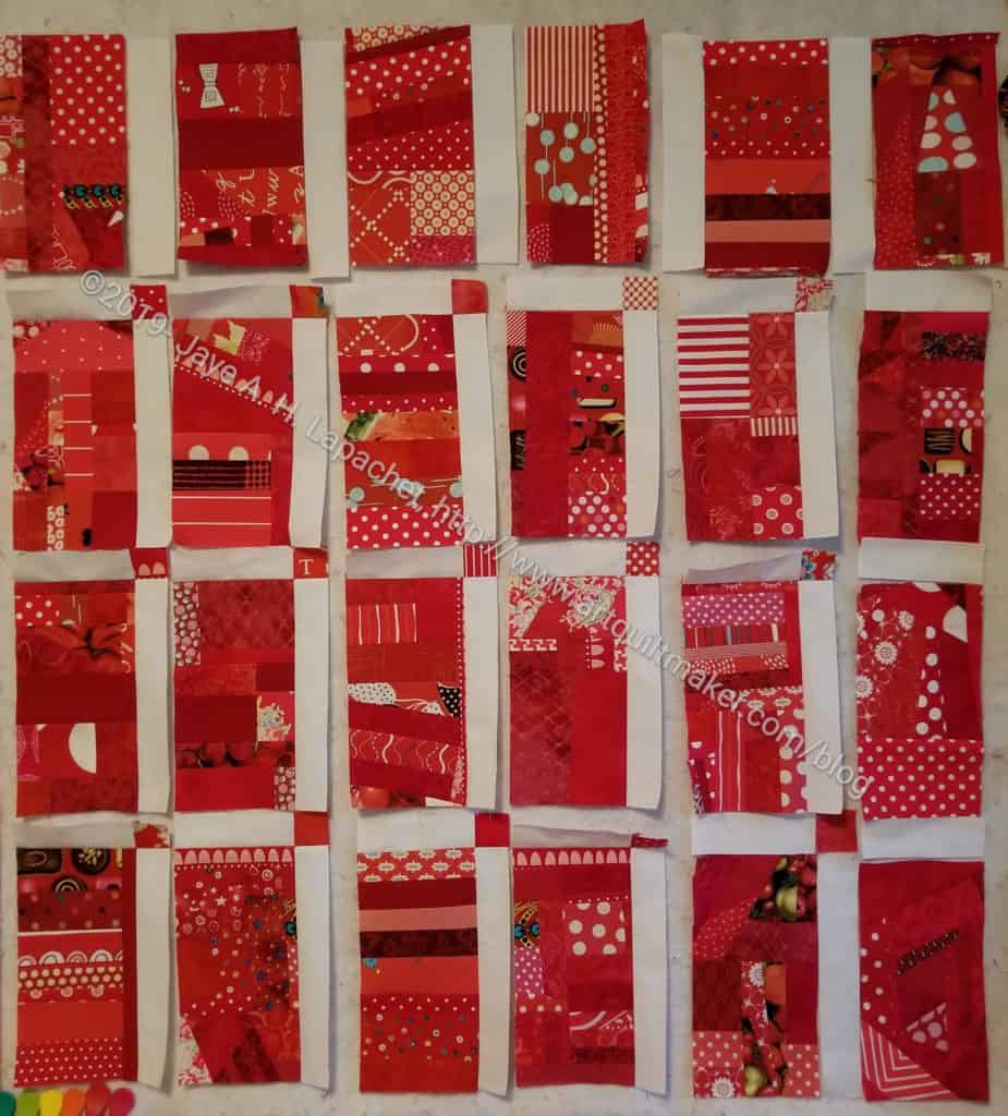 All of the blocks have sashing/cornerstones sewn to their correct side