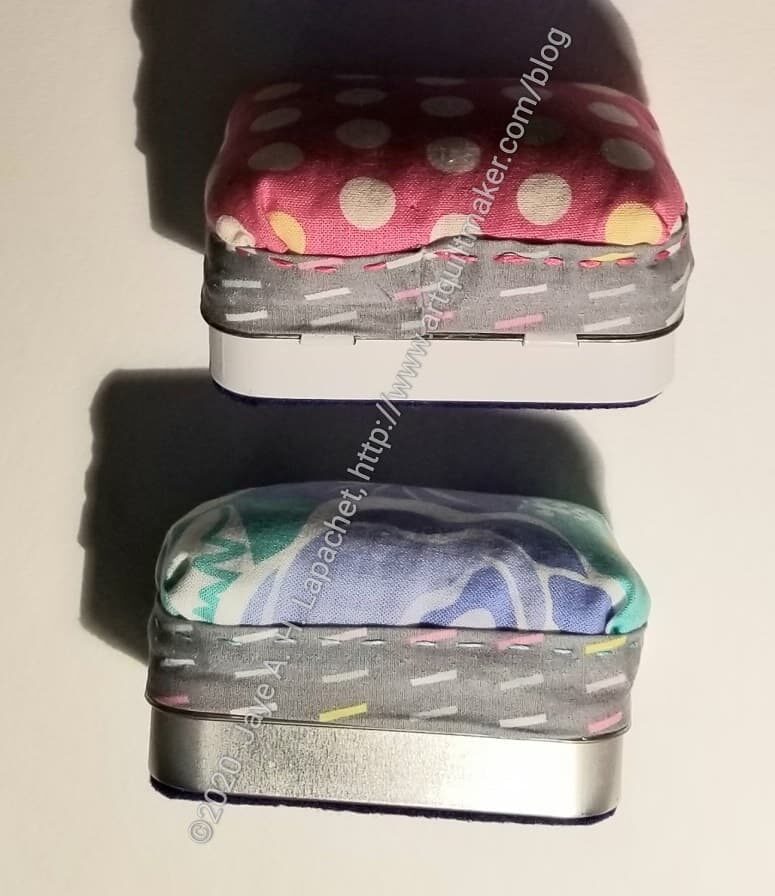 Side view of Altoids tin Sewing Kit
